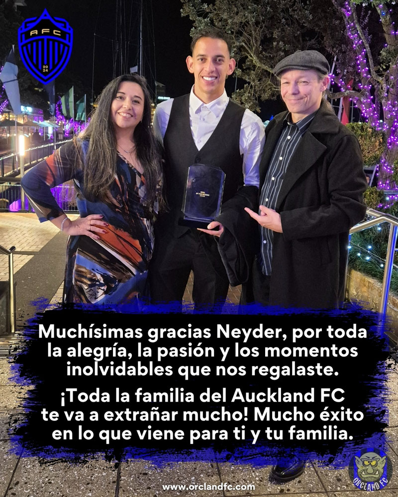 Gracias Neyder Moreno por ser parte de Auckland FC - Mucho éxito en lo que viene para ti y tu familia. Rob y Ange de Orcland FC