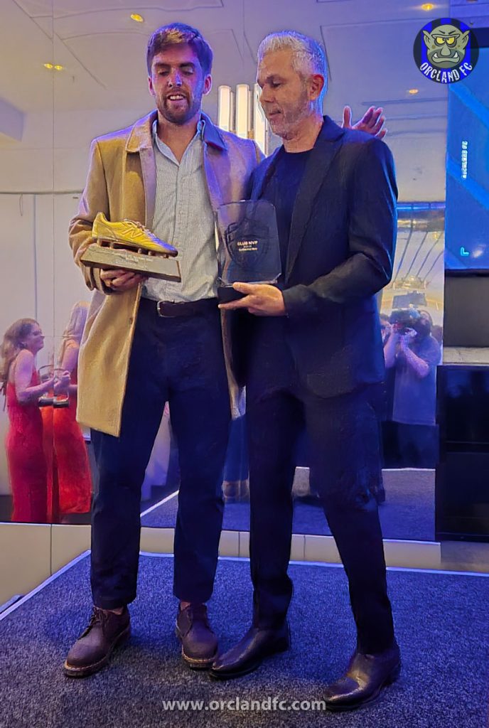 Steve Corica giving Guillermo May another award at the Auckland FC Awards Night - Orcland FC