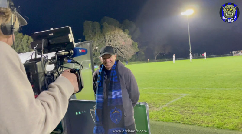Rob Woodward from Orcland FC being interviewed by Sky Sport New Zealand