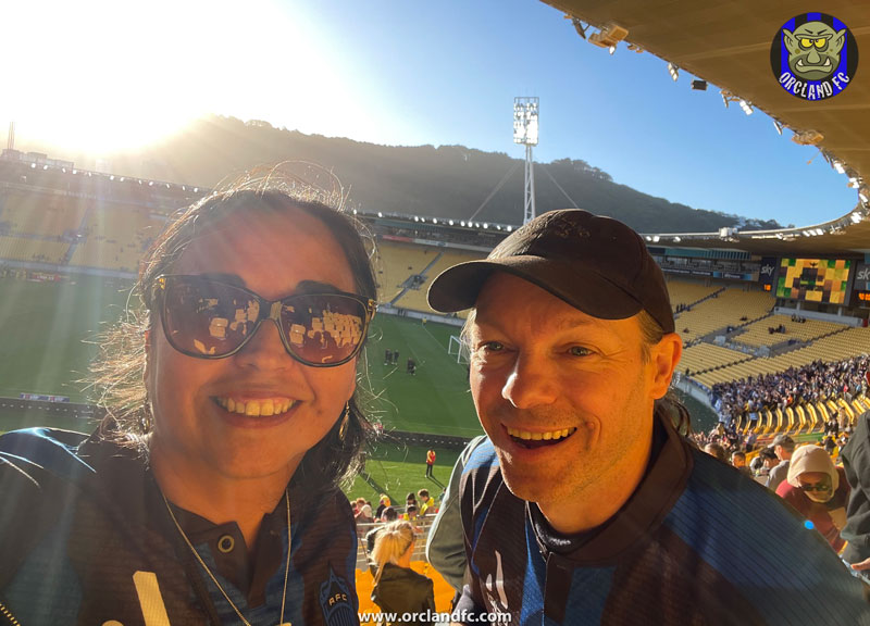 Ange and Rob at the Sky stadium for the first ever derby between Auckland FC and Wellington Phoenix - Orcland FC