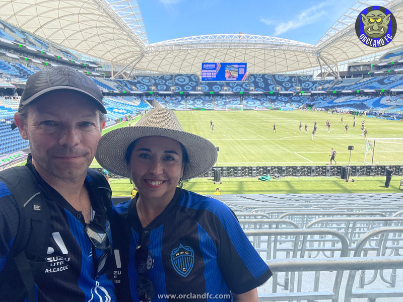 Rob and Ange from Orcland FC supporting Auckland FC at Allianz Stadium for the Unite Round of the A-League