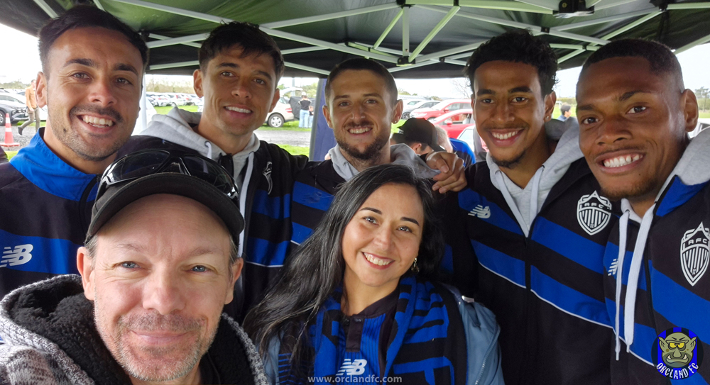 Rob and Ange from Orcland FC with Auckland FC Players - Cam Howieson, Logan Rogerson, Jake Brimmer, Marlee François, Dan Hall