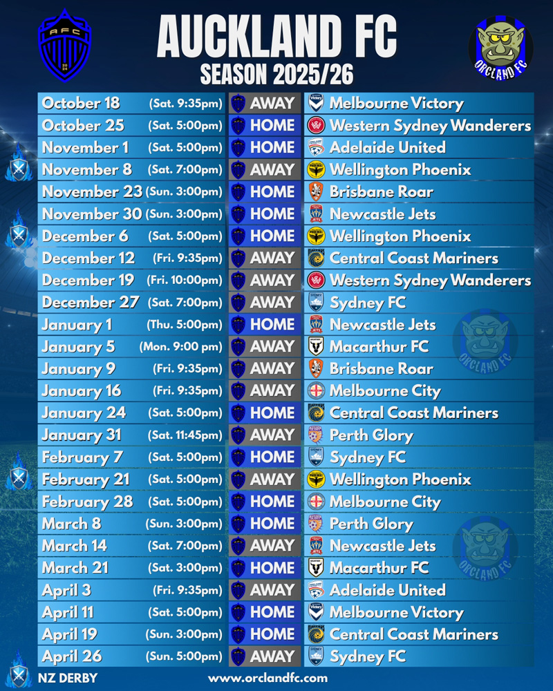 Auckland FC Fixtures | A-League Season 2025/26 | Orcland FC