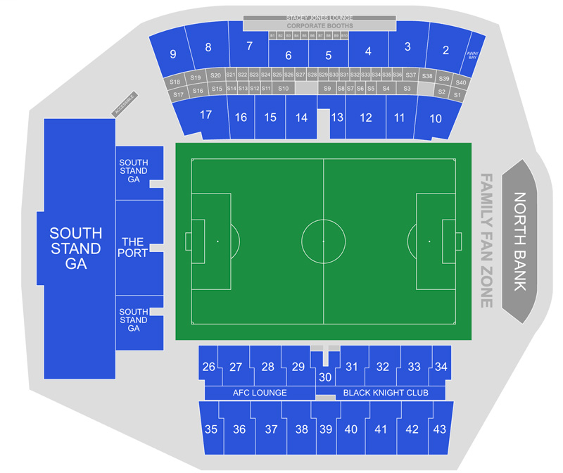 Auckland FC Seating at Go Media Stadium - Family Fan Zone, Bays, The Port, AFC Lounge, Black Knight Club | Orcland FC