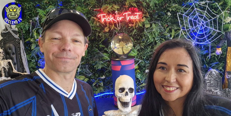 Rob and Ange with Auckland FC Halloween decorations at the Black Knight Club