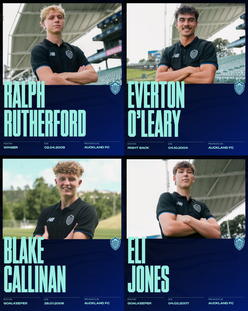 Auckland FC Reserves Players that are now in the Auckland FC OFC Pro League team 2026 - Ralph Rutherford, Everton O'Leary, Blake Callinan, Eli Jones