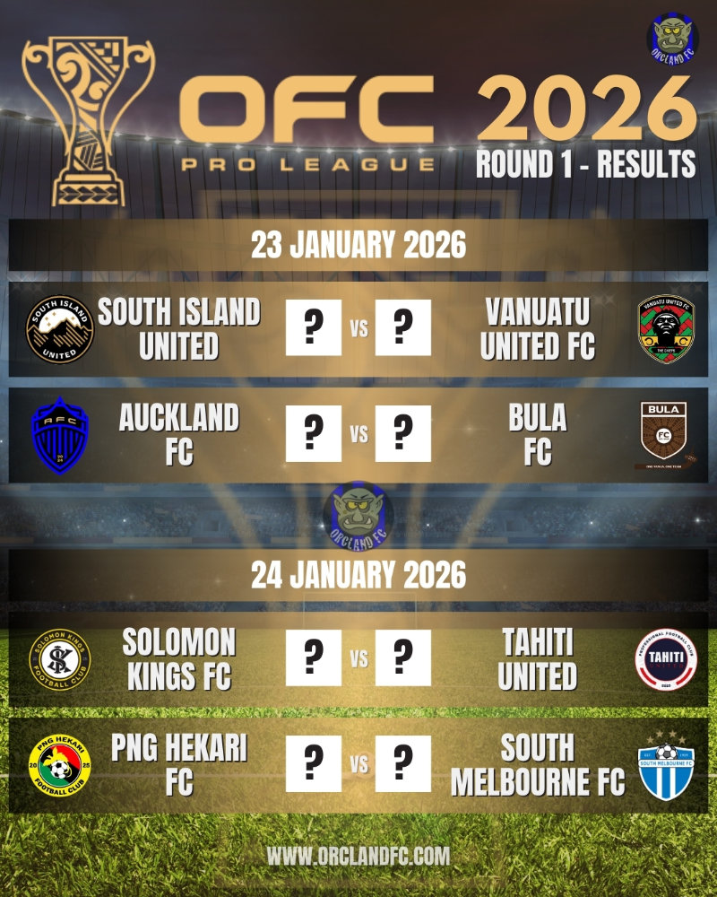 OFC Pro League 2026 Round 1 Fixtures at North Harbour Stadium - South Island United vs. Vanuatu United FC, Auckland FC vs. Bula FC, Solomon Kings FC vs. Tahiti United, PNG Hekari FC vs. South Melbourne FC | Orcland FC covering the OFC Pro League