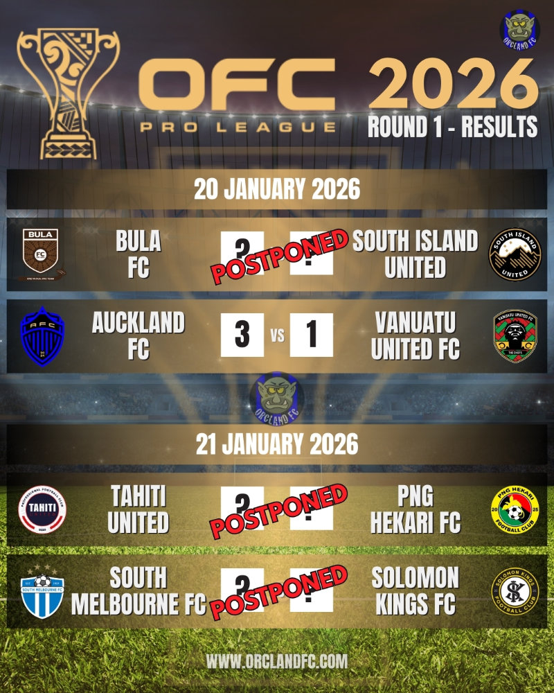 OFC Pro League 2026 Round 1 Result and Postponed Matches - Bula FC vs. South Island United, Auckland FC vs. Vanuatu United FC, Tahiti United vs. PNG Hekari FC, South Melbourne FC vs. Solomon Kings FC | Orcland FC covering the OFC Pro League