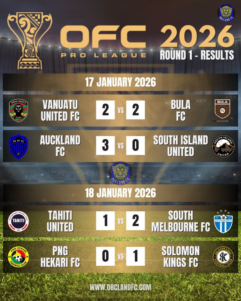 OFC Pro League 2026 Round 1 Results - Vanuatu United FC vs. Bula FC, Auckland FC vs. South Island United, Tahiti United vs. South Melbourne FC, PNG Hekari FC vs. Solomon Kings FC | Orcland FC covering the OFC Pro League