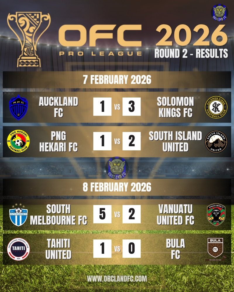OFC Pro League 2026 Round 2 Results Papua New Guinea - Auckland FC vs Solomon Kings FC, PNG Hekari FC vs South Island United, South Melbourne FC vs Vanuatu United FC, Tahiti United vs Bula FC | Orcland FC covering the OFC Pro League