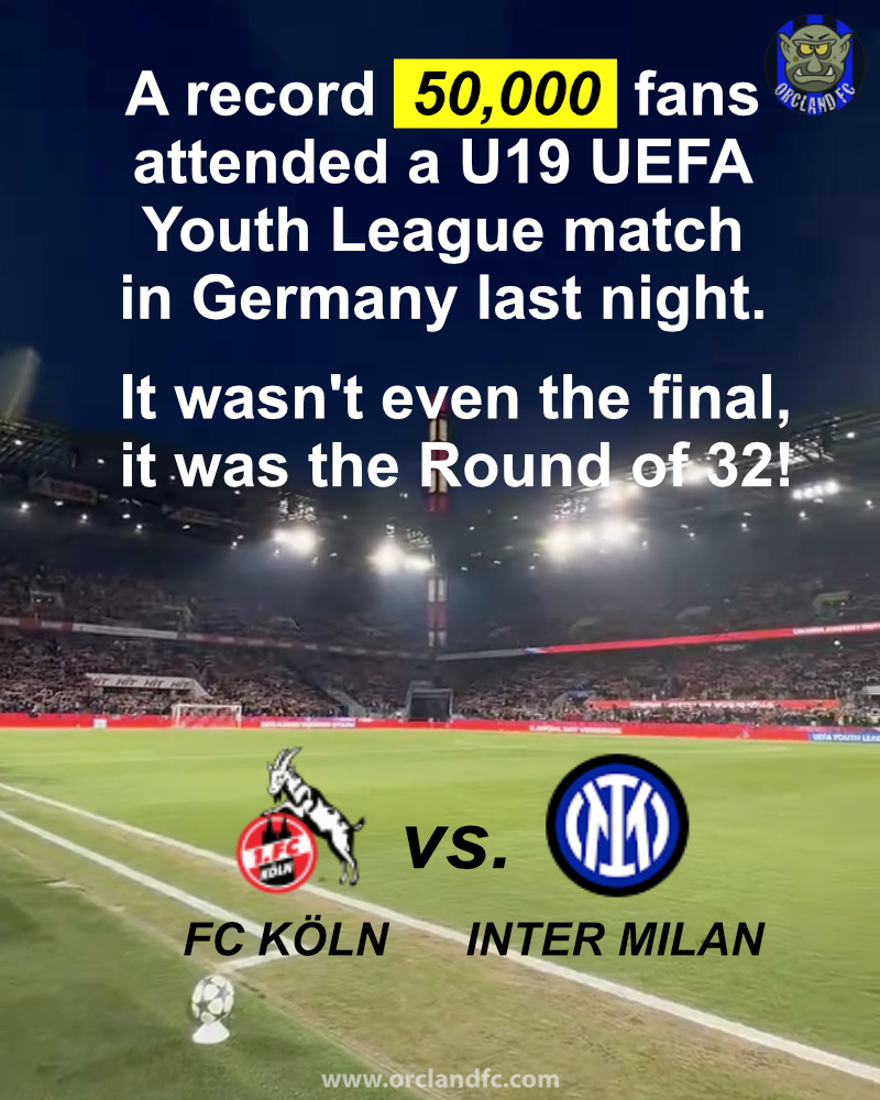 A record 50,000 Fans were at a U19 UEFA Youth League Match between FC Köln and Inter Milan. It wasn't even the final, it was the Round of 32. Orcland FC
