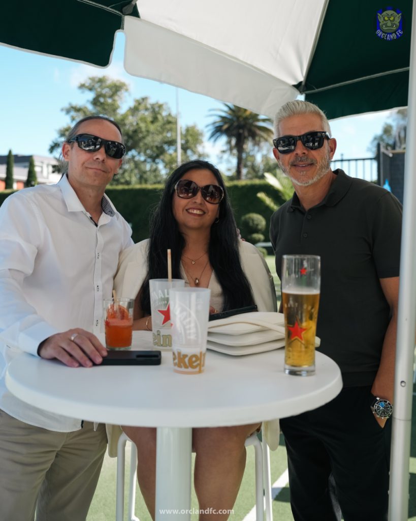 Steve Corica with Rob and Ange from Orcland FC at the Auckland FC Summer Party at Club Silver - Parnell Lawn Tennis Club