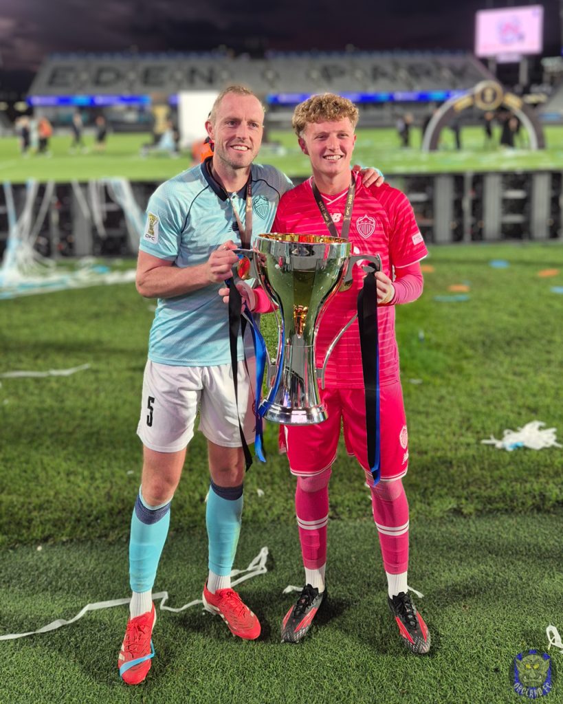 Michael Den Heijer and Blake Callinan with the OFC Pro League Trophy - Auckland FC OFC Pro League Champion 2026
