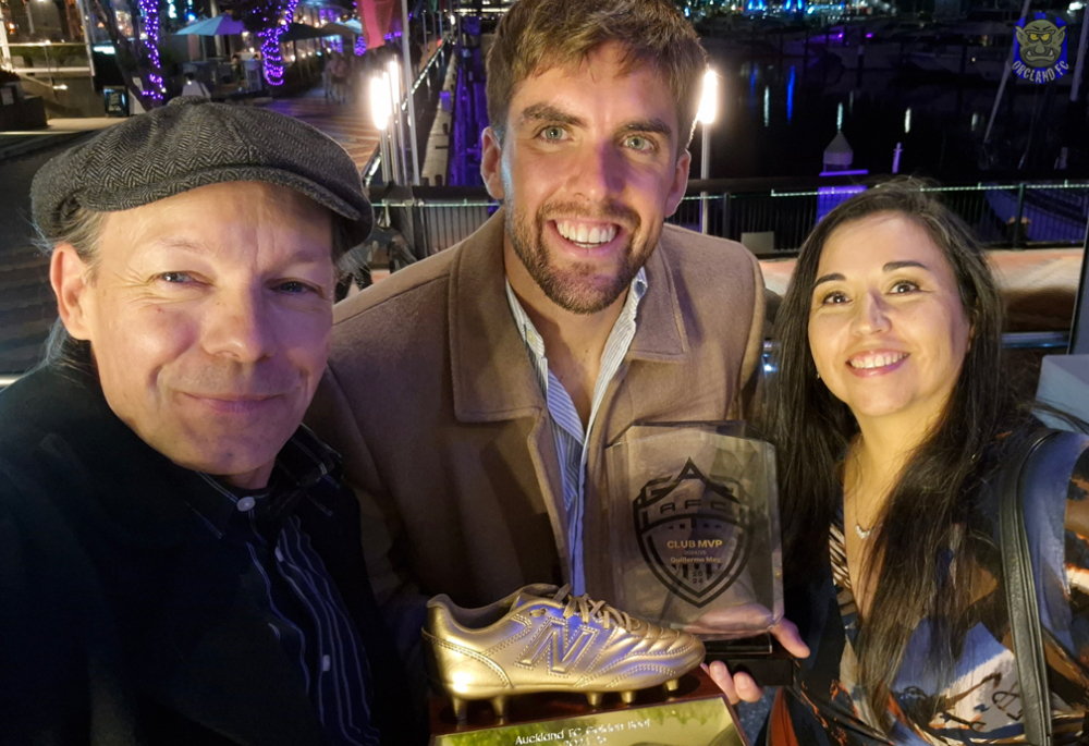 Guillermo May with Rob and Ange from Orcland FC at the Auckland FC Awards Night 2025.