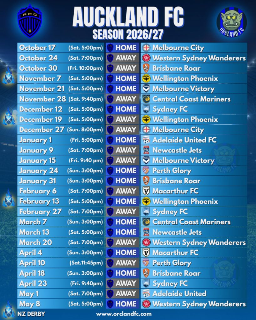 AUCKLAND FC Fixtures for Season 2026/27 of the A-League including the dates and starting time of all matches (NZ Time). Includes match results and more information about the NZ Derby between Auckland FC and Wellington Phoenix. - Orcland FC