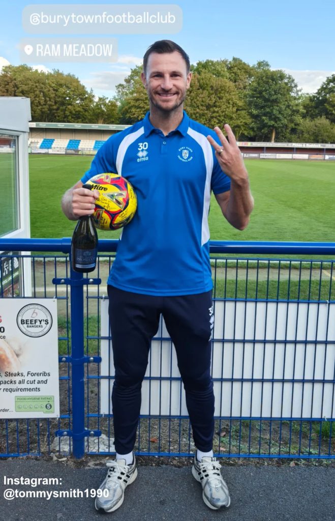 Tommy Smith celebrating his first every hat-trick after the match between Bury Town vs Leiston - Orcland Football