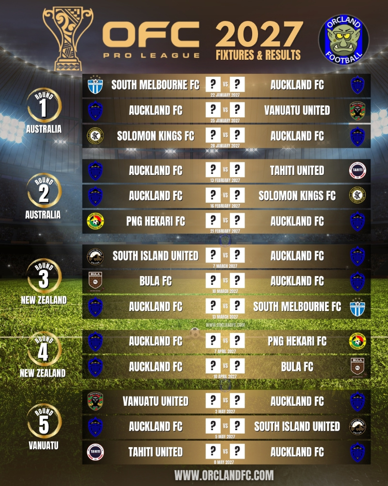 Auckland FC OFC Pro League 2027 Fixtures and Results - Orcland Football